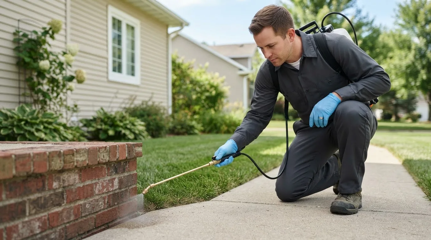 Pest control technician treating a home near Blue Grass, IA