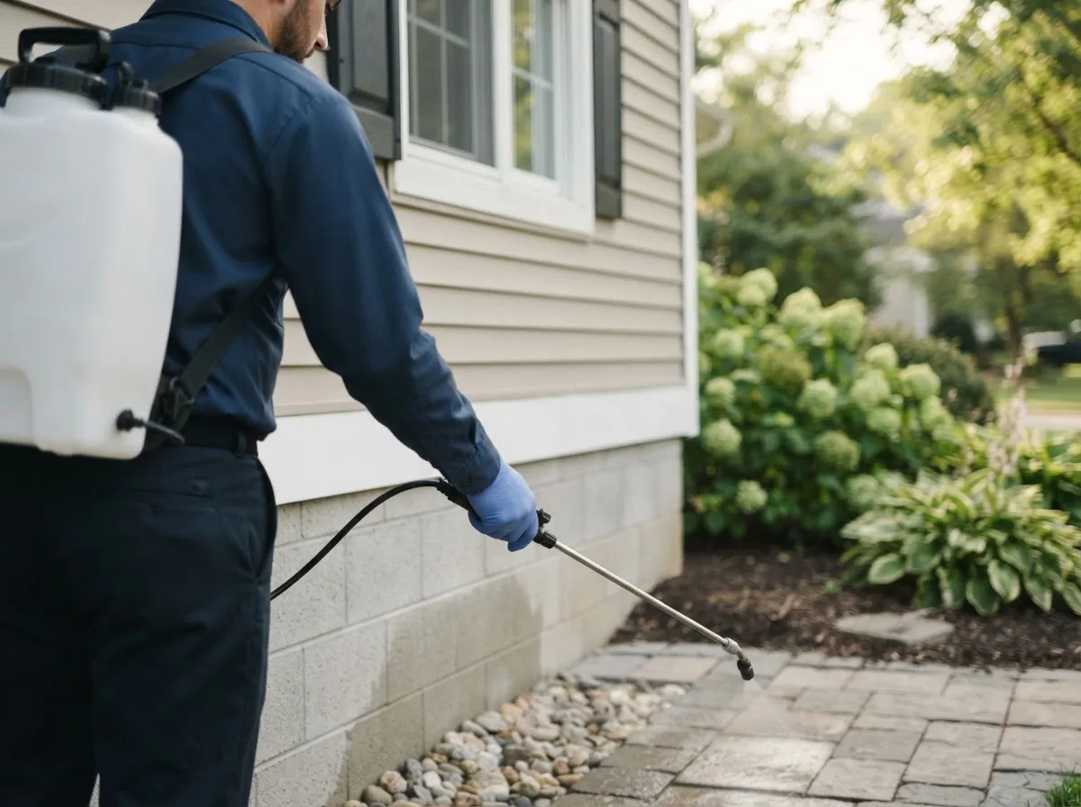 Pest control technician inspecting a home in Blue Grass, IA